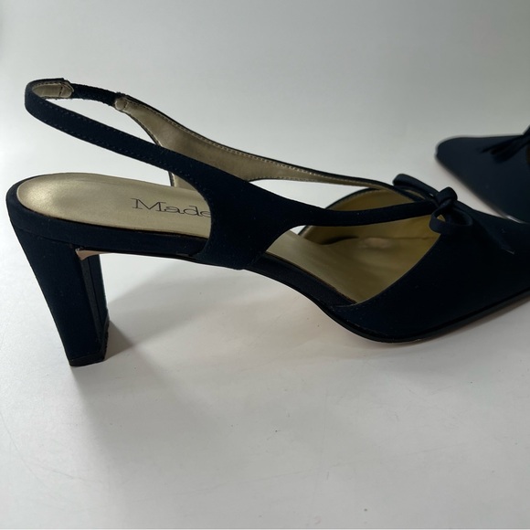 Y2K Madeline Bow Square Toe Sling Back Heels 8.5 navy Fabric Chunky Heel - Picture 8 of 15